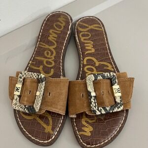 Sam Edelman Granada Slide Sandals 7.5 Brown Buckle Snakeskin Quiet Luxury Resort